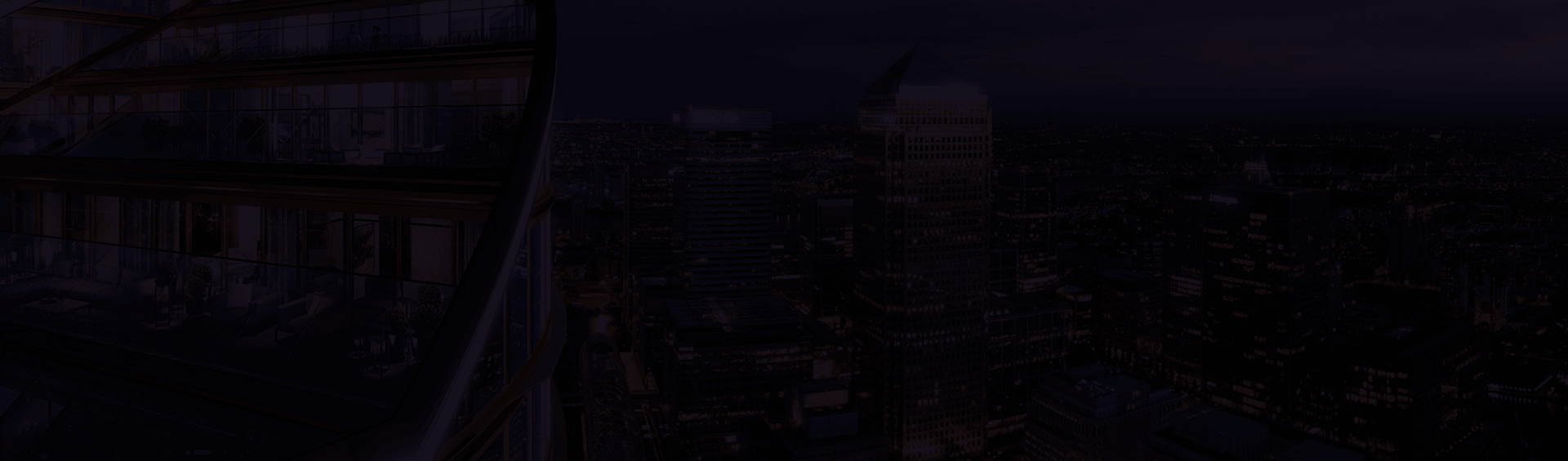Dark nighttime cityscape with illuminated skyscrapers and a curved glass building edge in the foreground, conveying an urban cultural atmosphere